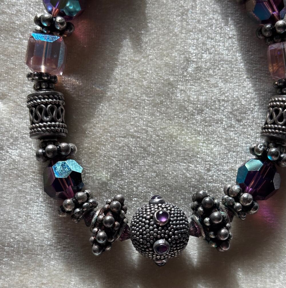 Amethyst Crystals Sterling Silver Custom Made Bead Bracelet 44g 7" 1 of a Kind
